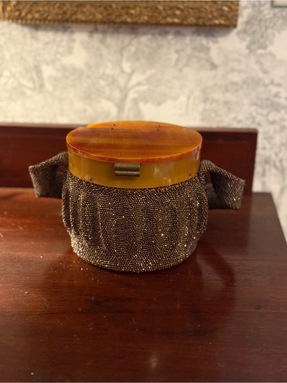 Vintage 1940s Art Deco Beaded Box Purse Amber Lucite Lid